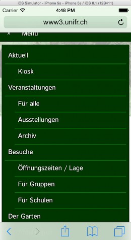 Botanischer Garten der Universität Freiburg mobile, Navigation ausgeklappt